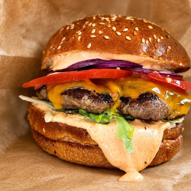 Cheeseburger with tomato, onion and lettuce at Snack Box Bol